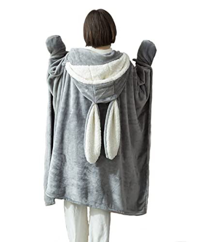 IBAIOU Häschenohren, übergroßer, tragbarer Decken-Hoodie, weicher, bequemer Deckenumhang für Frauen mit Kapuze (Grey, 130 * 120CM) von IBAIOU