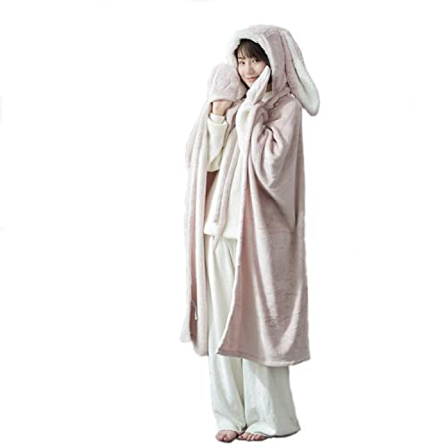 IBAIOU Häschenohren, übergroßer, tragbarer Decken-Hoodie, weicher, bequemer Deckenumhang für Frauen mit Kapuze (PINK, 130*120CM) von IBAIOU