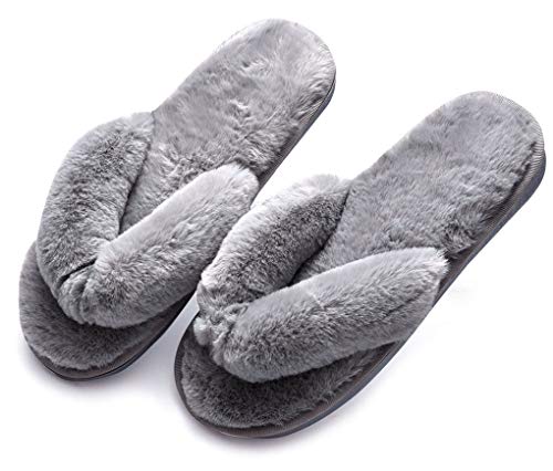 Mode pelzigen Frauen Flip Flops Hausschuhe, Flauschige Kunstpelz warme Schuhe Frau Slip on Open Toe Hausschuhe für Mädchen Männer,38-39,Gray von IBAIOU