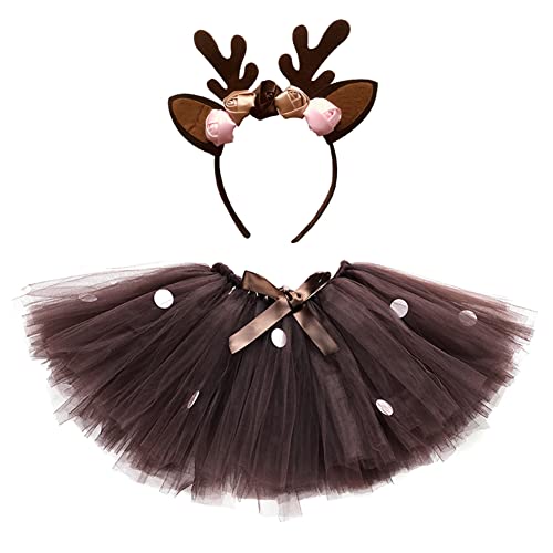 2 TLG Kinder Mädchen Rentier Hirsch Elch Kostüm Tutu Rock Horn Stirnband Prinzessin Halloween Weihnachten Karneval Festival Outfit Fotografie Prop Dunkelbraun 3-8 Jahre von IBAKOM