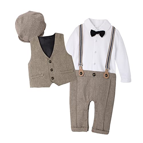 Baby Jungen Gentleman Smoking Anzüge Outfits Fliege Shirts Langarm Strampler Overall + Weste Sakkos Blazer + Barett 3 Stücke Hochzeit Formelle Party Taufe Kleidung Set Braun 6-9 Monate von IBAKOM