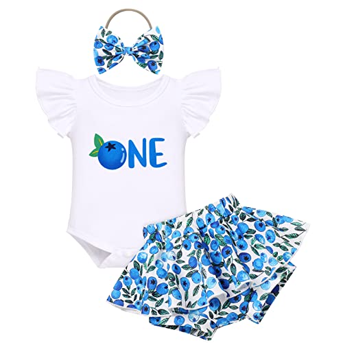 Baby Mädchen erste 1. Geburtstagsfeier Cake Smash Outfit Blueberry Strampler Bodysuit + Shorts mit Rüschenrock + Schleifen-Stirnband 3-teilige Fotografie-Kleidung Blau - Heidelbeere 12-18 Monate von IBAKOM