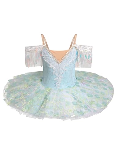 Ballettkleidung Mädchen 3-14-Jahre für Tanz: Tüll Pailetten Ballettkleid mit verstellbarem Träger - Kinder Tanzkleid für Balett Eiskunstlauf Rollkunstlauf grün 7-8 Jahre von IBAKOM