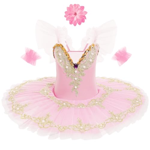 Ballettkleidung Mädchen 3-16-Jahre für Tanz: 3 Stück Ballettkleid mit verstellbarem Träger Pailetten - Kinder Tanzkleid für Balett Eiskunstlauf Rollkunstlauf rosa 3-4 Jahre von IBAKOM