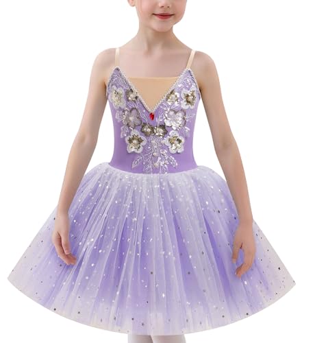 Ballettkleidung Mädchen 4-14-Jahre für Tanz: Ärmellos Tüll Ballettstrumpfhose mit Pailetten Perlen und Applikation mit Blumen - Kinder Tanzkleid für Balett Eiskunstlauf Rollkunstlauf lila 13-14 Jahre von IBAKOM
