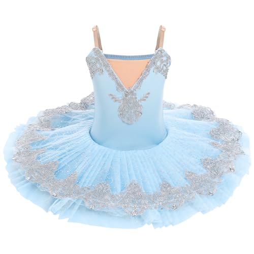 Ballettkleidung Mädchen 4-14-Jahre für Tanz: Tüll Ballettkleid mit verstellbarem Träger und Applikationen - Kinder Tanzkleid für Balett Eiskunstlauf Rollkunstlauf blau 4-5 Jahre von IBAKOM