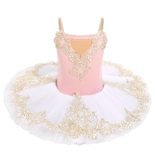 Ballettkleidung Mädchen 4-14-Jahre für Tanz: Tüll Ballettkleid mit verstellbarem Träger und Applikationen - Kinder Tanzkleid für Balett Eiskunstlauf Rollkunstlauf rosa 9-10 Jahre von IBAKOM