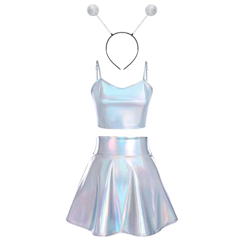 IBAKOM Damen Hologramm Rave Outfit 3 TLG Glänzendes Crop Top Leder Minirock Alien Stirnband Musikfestival Club Partykleid 80er Disco Tanzkleid Holographisch - Riemchen S von IBAKOM