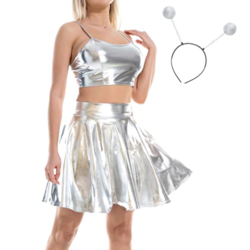 IBAKOM Damen Hologramm Rave Outfit 3 tlg Glänzendes Crop Top Leder Minirock Alien Stirnband Musikfestival Club Partykleid 80er Disco Tanzkleid Silber - Riemchen S von IBAKOM