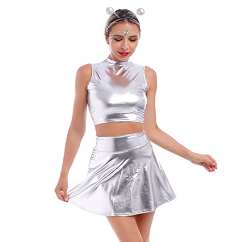 IBAKOM Damen Hologramm Rave Outfit 3 TLG Glänzendes Crop Top Leder Minirock Alien Stirnband Musikfestival Club Partykleid 80er Disco Tanzkleid Silber - hoher Hals L von IBAKOM