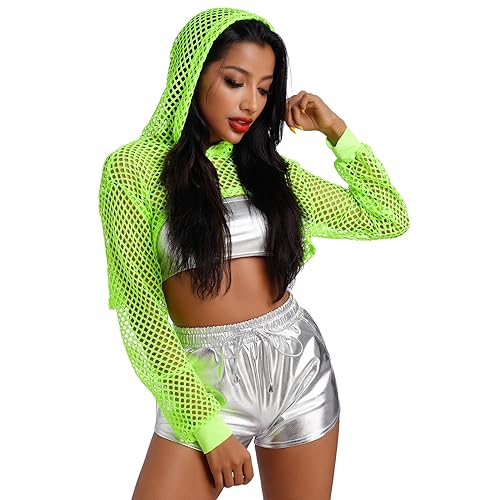 Damen Fischnetz Hoodie Kordelzug Langarm Mesh Kapuze Crop Top Rave Musical Festival Kostüm Outfits Clubwear, leuchtend grün, 38 von IBAKOM