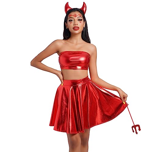 Damen Halloween Teufel Kostüm Holographisch Glänzend Rave Outfits Horn Stirnband Schlauch Crop Top Rüsche Kurzer Rock Schwanz Mistgabel Cosplay Zubehör Set Rot - Röhrentop S von IBAKOM