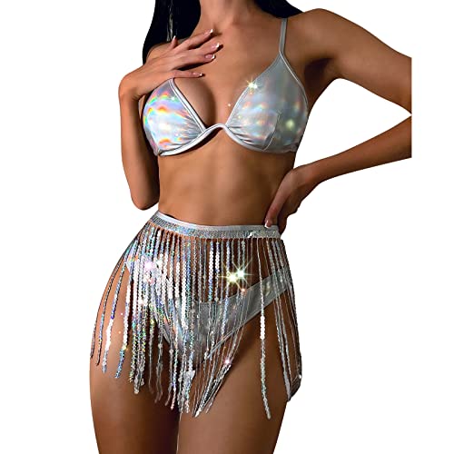 IBAKOM Damen Rave Outfit Glitzer Pailletten Quasten Minirock Träger BH Top Metallisches Höschen 3tlg. Festival Tanzkleidung set Hologramm Silber L von IBAKOM