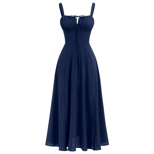 Damen Sommerkleid Spaghettiträger Kleid Frühling Boho Kleid Vorne Schlitz Swing Midi Sommerkleid Party Urlaub Strandkleid, blau, M von IBAKOM