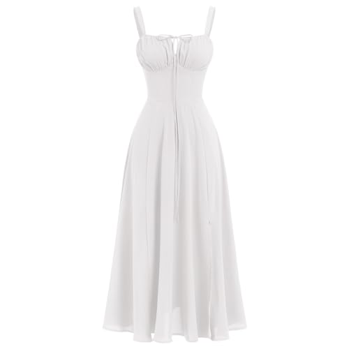 Damen Sommerkleid Spaghettiträger Kleid Frühling Boho Kleid Vorne Schlitz Swing Midi Sommerkleid Party Urlaub Strandkleid, weiß, XL von IBAKOM