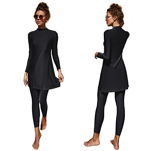 Frauen Badeanzüge Muslim Islamisch Modest Vollabdeckung Burkini Langarm Top Hose Schwimmen Sommer Strandkleidung Trikots Rashguards 2 Stück, Schwarz - massiv, S von IBAKOM