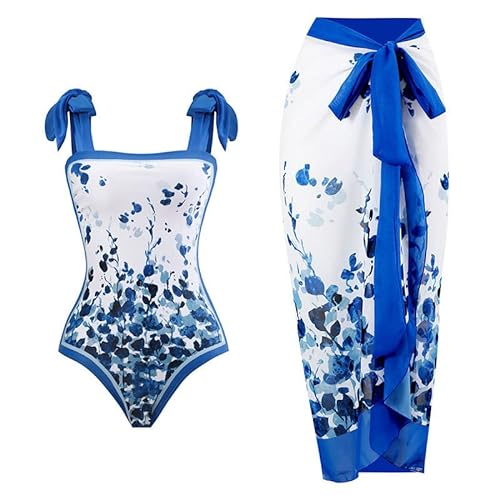 Frauen Einteiliger Badeanzug mit passenden Cover Ups Floral Sexy Bikini Sets Hoch Cut Push Up Zweiteiliger Badeanzug, Blau-Weiß, S von IBAKOM