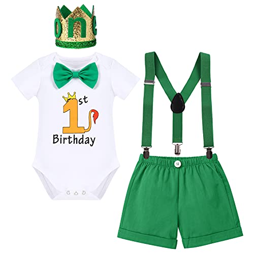 IBAKOM Baby Jungen Mein 1. Geburtstag Outfits Cake Smash Fotoshooting Kostüm Kurzarm Strampler Body + Kurze Hosen + Hosenträger + Stirnband 4tlg Jungle Safari Mottoparty Kleidung Grün 1st 1 Jahr von IBAKOM