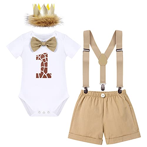 IBAKOM Baby Jungen Mein 1. Geburtstag Outfits Cake Smash Fotoshooting Kostüm Kurzarm Strampler Body + Kurze Hosen + Hosenträger + Stirnband 4tlg Jungle Safari Mottoparty Kleidung Khaki 1 Jahr von IBAKOM