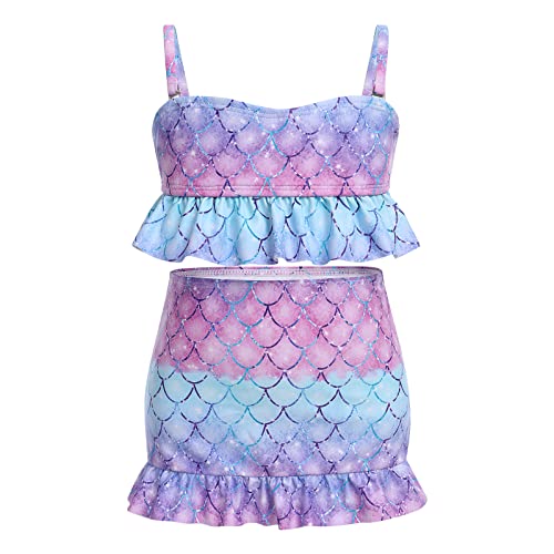 IBAKOM Badeanzug Mädchen Schwimmen Sommer Swimsuit Rüschen Hawaiian Bademode Strand Kinder Bikini Badebekleidung mit Verstellbare Schultergurte Meerjungfrau Schwimmanzug Set blau 2-3 Jahre von IBAKOM