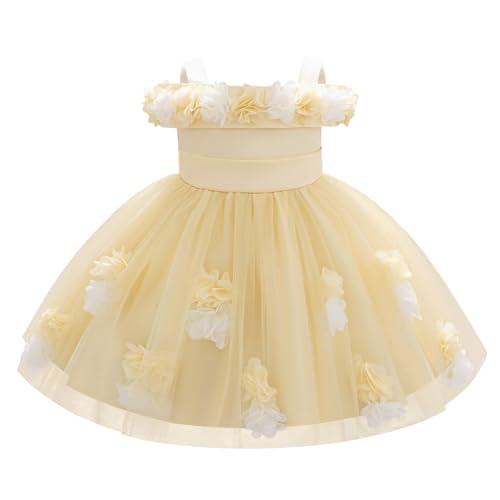 IBAKOM Blumenmädchenkleid Baby Mädchen für Hochzeit: Ärmellos Sommerkleid mit 3D Blumen und Schleife - Festlich Geburtstag Prinzessinkleid für Kinder 6 Monate-3 Jahre gelb 9-12 Monate von IBAKOM