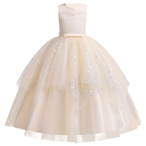 IBAKOM Blumenmädchenkleid Mädchen festlich für Fasching: Ärmellos Sommerkleid mit Schleife und Pailetten lang - Tüll Prinzessinkleid für Kinder 4-13 Jahre für Hochzeit Aprikose 7-8 Jahre von IBAKOM