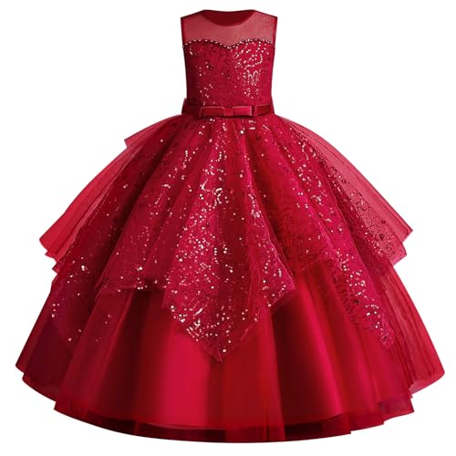 IBAKOM Blumenmädchenkleid Mädchen festlich für Fasching: Ärmellos Sommerkleid mit Schleife und Pailetten lang - Tüll Prinzessinkleid für Kinder 4-13 Jahre für Hochzeit rot 7-8 Jahre von IBAKOM