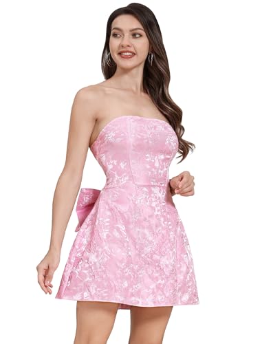 IBAKOM Cocktailkleid Damen Elegant Abendkleider für Hochzeit Ärmellos Abschlusskleid mit Schleife A-Linie Partykleid Minikleid Sommerkleid Trägerlos Korsettkleid Schulterfrei Ballkleid rosa L von IBAKOM