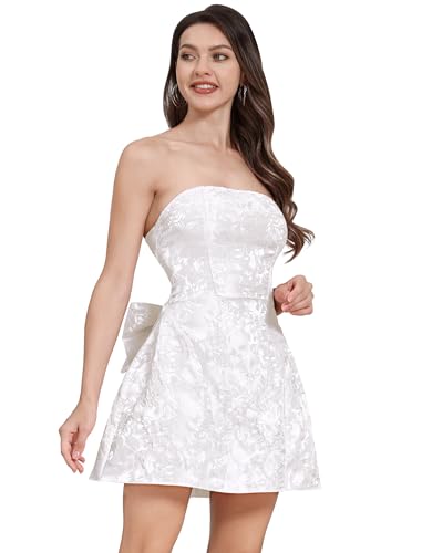 IBAKOM Cocktailkleid Damen Elegant Abendkleider für Hochzeit Ärmellos Abschlusskleid mit Schleife A-Linie Partykleid Minikleid Sommerkleid Trägerlos Korsettkleid Schulterfrei Ballkleid weiß S von IBAKOM