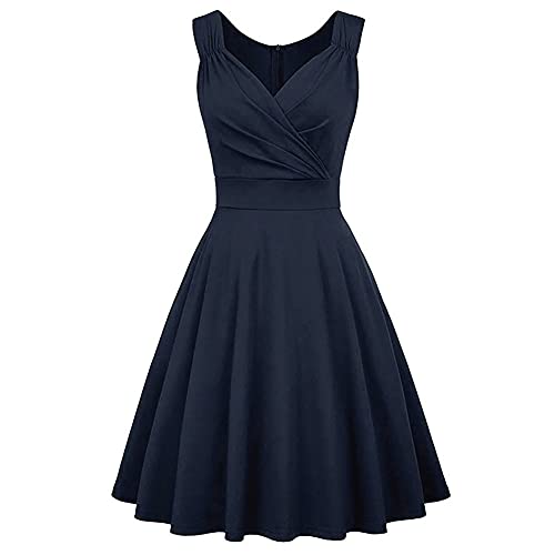 IBAKOM Damen 50/60er Vintage Retro Cocktailkleid Rockabilly Kleider Elegant Knielang Ballkleid Audrey Hepburn Kostüm V-Ausschnitt Abendkleider für Frauen Marineblau X-Large von IBAKOM