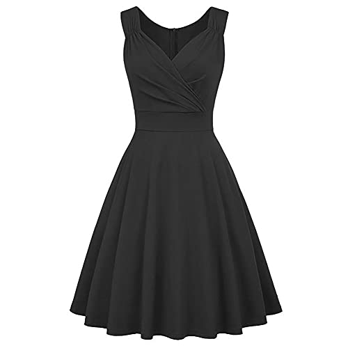 IBAKOM Damen 50/60er Vintage Retro Cocktailkleid Rockabilly Kleider Elegant Knielang Ballkleid Audrey Hepburn Kostüm V-Ausschnitt Abendkleider für Frauen schwarz Large von IBAKOM