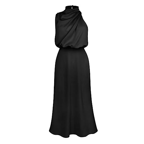 IBAKOM Damen Abendkleider Elegant Lang Satin Brautjungfernkleid Formelle Partykleider Sexy Ärmellos Ballkleider Cocktailkleid schwarz L von IBAKOM