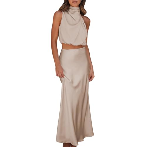 IBAKOM Damen Abendkleider Elegant Satin Maxikleid Oberteil + Maxirock Festlich Hochzeit Brautjungfernkleid Sommer sexy Ärmellos Partykleid Aprikose L von IBAKOM