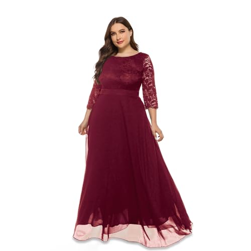 IBAKOM Damen Coctailkleid Elegant 3/4 Ärmel Spitzenkleid Übergröße Chiffon Blumekleid Rundhalsausschnitt Partykleider Abendkleid Ballkleid Maxikleider Große Größe rot 4XL von IBAKOM