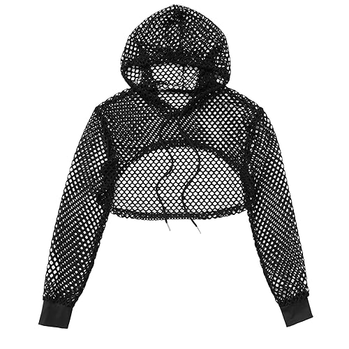 IBAKOM Damen Fischnetz Hoodie Kordelzug Langarm Mesh Hooded Crop Top Rave Musical Festival Kostüm Outfits Clubwear, Schwarz , 38 von IBAKOM