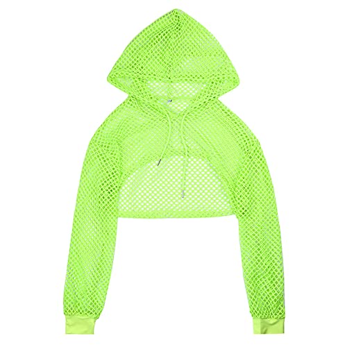 IBAKOM Damen Frauen Fischnetz Hoodie Kordelzug Langarm Mesh Kapuze Crop Top Rave Musical Festival Kostüm Outfits Kapuzenpullover Sweatshirts Clubwear Streetwear Fluoreszierendes Grün M von IBAKOM