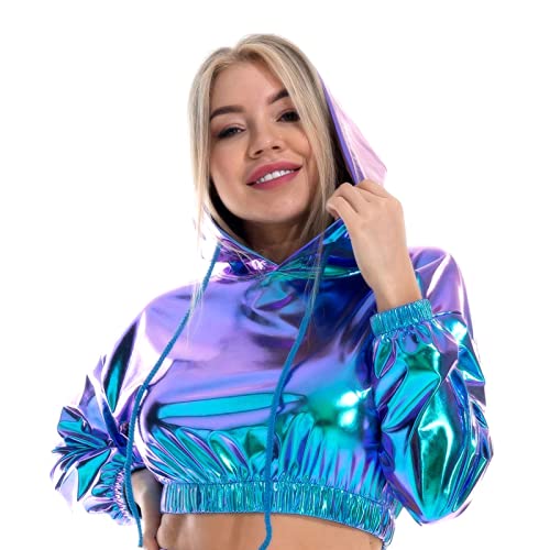 IBAKOM Damen Glänzendes Wetlook Leder Kapuzen Crop Top Metallic Langarm Kordelzug Sweatshirt Rave Dance Top Clubwear Kapuzenpullover Blau M von IBAKOM