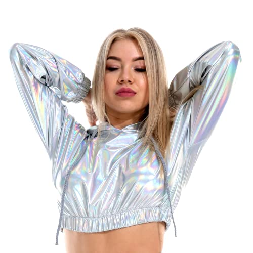 IBAKOM Damen Glänzendes Wetlook Leder Kapuzen Crop Top Metallic Langarm Kordelzug Sweatshirt Rave Dance Top Clubwear Kapuzenpullover Glänzendes Silber S von IBAKOM