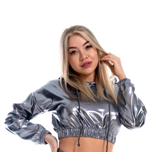 IBAKOM Damen Glänzendes Wetlook Leder Kapuzen Crop Top Metallic Langarm Kordelzug Sweatshirt Rave Dance Top Clubwear Kapuzenpullover Grau XXL von IBAKOM