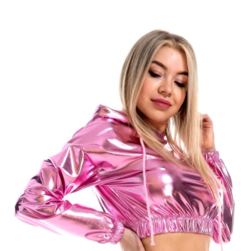 IBAKOM Damen Glänzendes Wetlook Leder Kapuzen Crop Top Metallic Langarm Kordelzug Sweatshirt Rave Dance Top Clubwear Kapuzenpullover Rosa M von IBAKOM