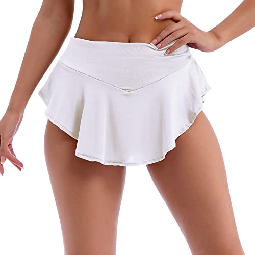IBAKOM Damen Hohe Taille Rüschen Skorts Yoga Joggen Fitnessstudio Workout Hipster Rave Hose Bühne Pole Dance Mini Hotpants Activewear Dessous Röcke, weiß, 36 von IBAKOM