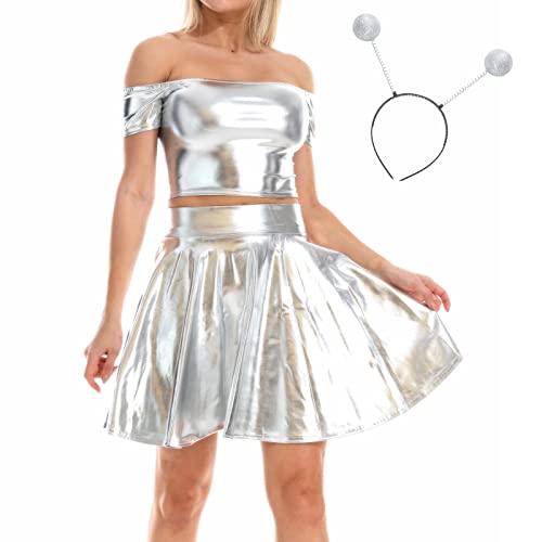 IBAKOM Damen Hologramm Rave Outfit 3 TLG Glänzendes Crop Top Leder Minirock Alien Stirnband Musikfestival Club Partykleid 80er Disco Tanzkleid Silber - schulterfrei XXL von IBAKOM