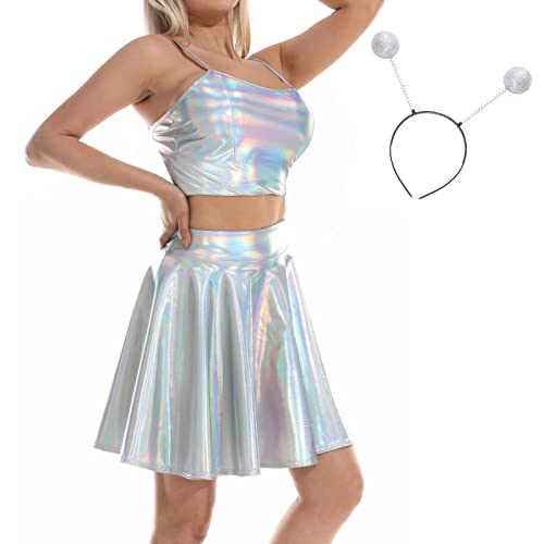 IBAKOM Damen Hologramm Rave Outfit 3 tlg Glänzendes Crop Top Leder Minirock Alien Stirnband Musikfestival Club Partykleid 80er Disco Tanzkleid Holographisch - Riemchen M von IBAKOM