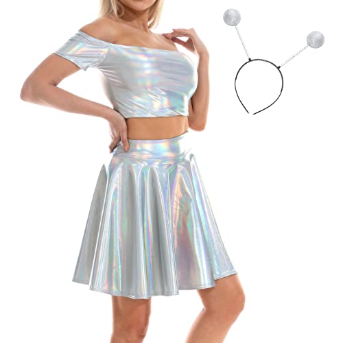 IBAKOM Damen Hologramm Rave Outfit 3 tlg Glänzendes Crop Top Leder Minirock Alien Stirnband Musikfestival Club Partykleid 80er Disco Tanzkleid Holographisch - schulterfrei S von IBAKOM