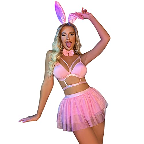 IBAKOM Damen Holographische glänzende Rave-Outfits Metallic Wetlook PVC Leder Kette BH Top ausgestellter Mini Rock Stirnband Häschen Kostüm Festival Clubwear, Leuchtendes Pink, 36 von IBAKOM