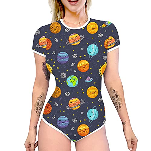 IBAKOM Damen Kurzarm Pyjama Body Niedlicher Print Einteiler Strampler Trikot Nachtwäsche Pyjamas Pj Teddy Overall Schlafanzug Oberteile Dunkelblau L von IBAKOM