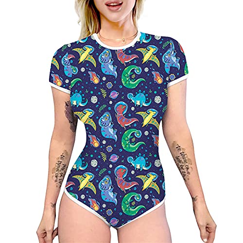 IBAKOM Damen Kurzarm Pyjama Body Niedlicher Print Einteiler Strampler Trikot Nachtwäsche Pyjamas Pj Teddy Overall Schlafanzug Oberteile Königsblau L von IBAKOM