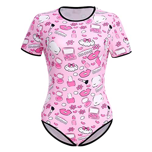 IBAKOM Damen Niedlicher Druck Pyjama Body Kurzarm Strampler Einteiler Nachtwäsche Trikot Nachtwäsche Unterkleidung Schlafanzug Lounge-Wäsche Rosa -blumig L von IBAKOM