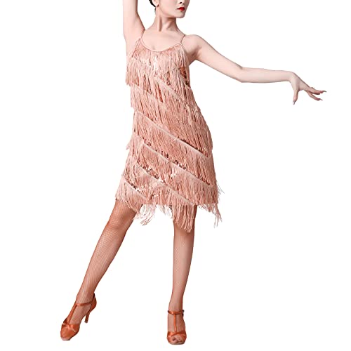 IBAKOM Damen Latein Kleid Pailletten 1920er Vintagekleid Fransenkleid Tanz Kleider Kostüme Walzer Tango Swingtanz Partykleid Rumbakleid Cha Cha Tanzkleidung Wettbewerb Dancewear Champagner L von IBAKOM