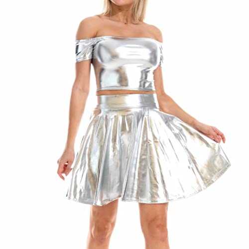 IBAKOM Damen Metallisch Glänzend Leder Holografisch Kunstleder Club Kleid Schulterfrei Trägerlos Ärmelloses Bandeau Schlauch Crop Top Minirock Bühne Nachtclub Outfit Silber - Schulterfrei M von IBAKOM